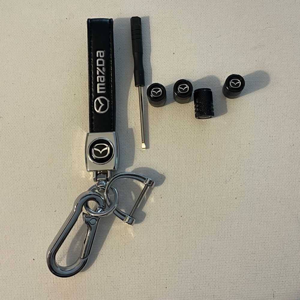 Mazda key fob Keychain in black leather and Valve stem caps in Black NWT